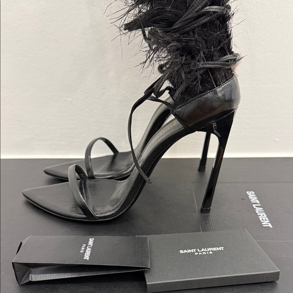 Saint Laurent Feather Lace-Up Heeled Sandals Black Leather Runway Statement 37 - Picture 4 of 16